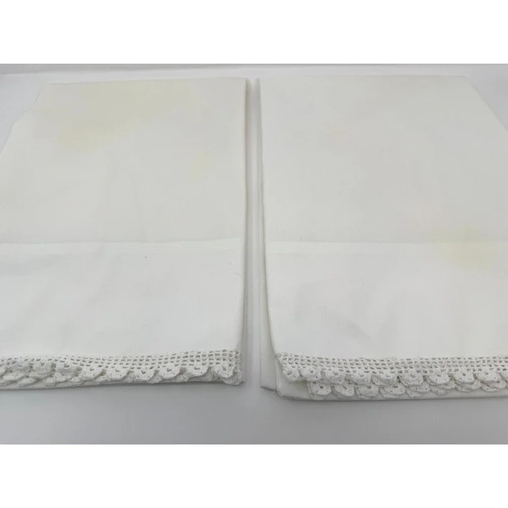 Vintage Off White Pillowcases Pair Crochet Lace Trim Standard Farmhouse Cottage